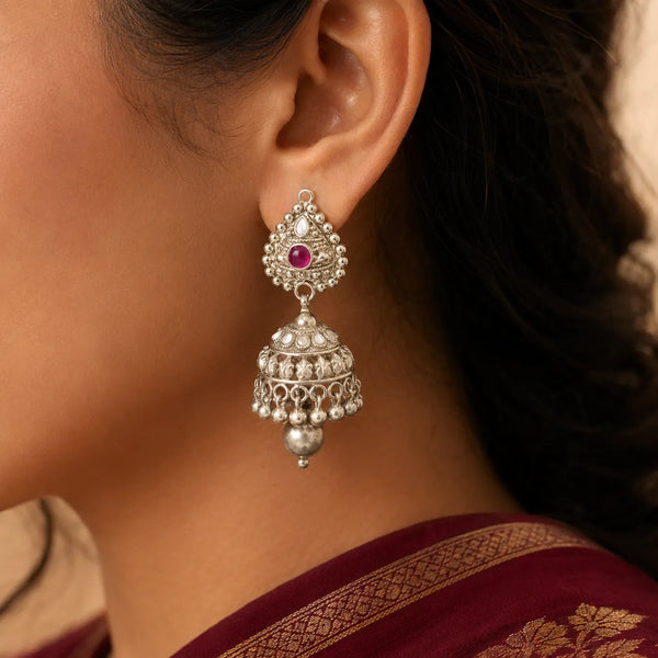 Royal Ruby Drop Silver Jhumki
