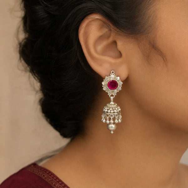 Ruby Stone Antique Silver Jhumki