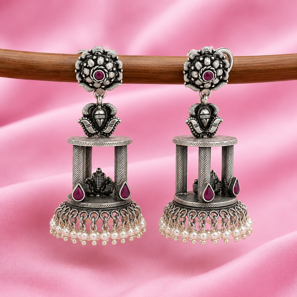 925 Silver Oxidized Temple Cage Earrings with Ruby Stone & Pearl Drops