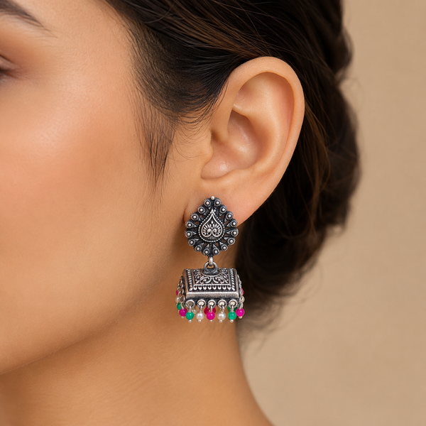 925 Silver Oxidized Square Jhumka Earrings with Pink, Green & Pearl Beads