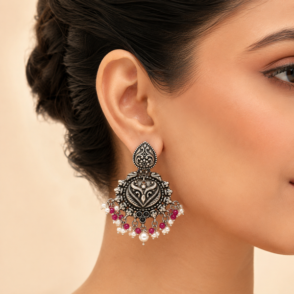 925 Silver Oxidized Heart Design Earrings with Pink Beads & Pearl Drops