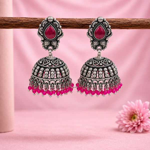925 Silver Oxidized Jhumka Earrings with Pink Bead Drops
