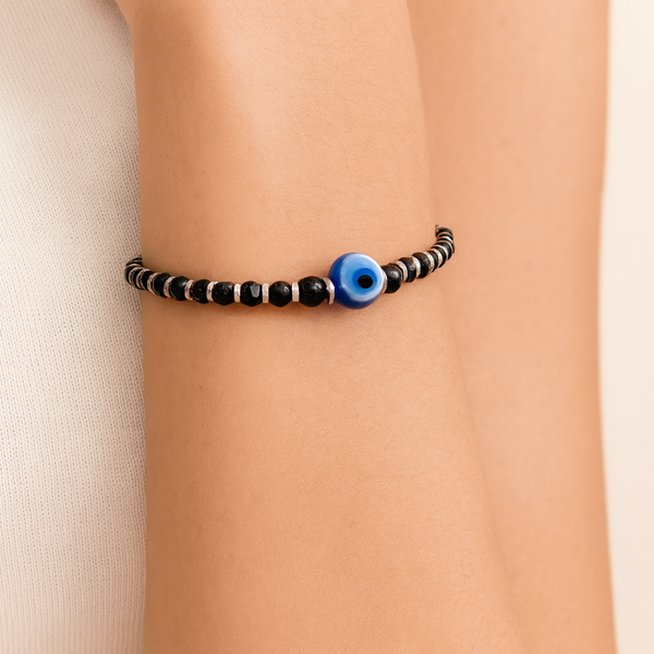Blue Evil Eye Black Beads 925 Silver Bracelet | Onyx Protection Bracelet