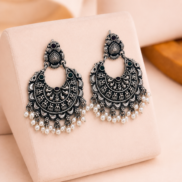 925 Silver Oxidized Chandbali Earring with Pearl Drops