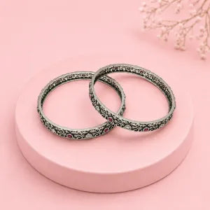 925 Silver Gold Polish Traditional Bangles with Floral Coin Design