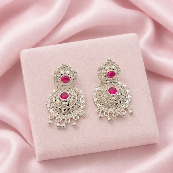 925 Sterling Silver Traditional Pink Accent Chandbali Earrings