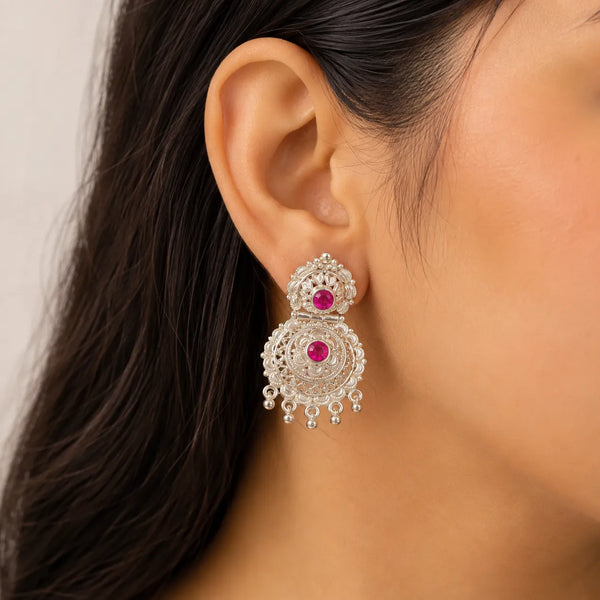 925 Sterling Silver Traditional Pink Accent Chandbali Earrings