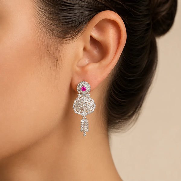 925 Sterling Silver Traditional Pink Stone Filigree Dangler Earrings