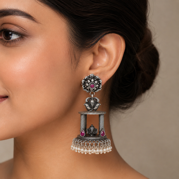925 Silver Oxidized Temple Cage Earrings with Ruby Stone & Pearl Drops
