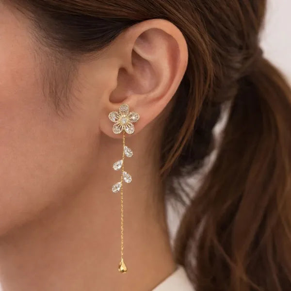 Anti-Tarnish Floral Drop Chain Earrings