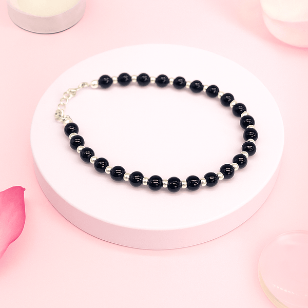 Black Stone Beads Bracelet | Black Onyx & Sterling Silver