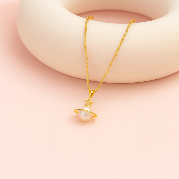 Celestial Pearl Planet Pendant – 925 Silver with Gold Finish