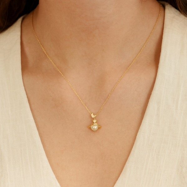 Celestial Pearl Planet Pendant – 925 Silver with Gold Finish