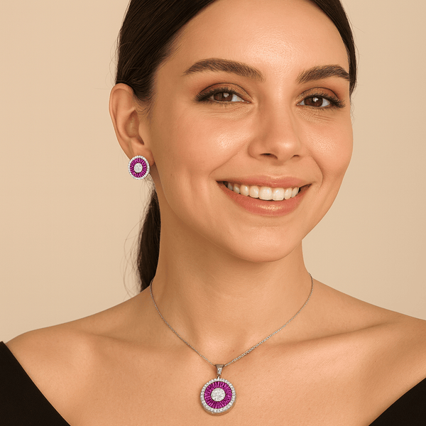 Pink Radiant Circle Silver Pendant Set
