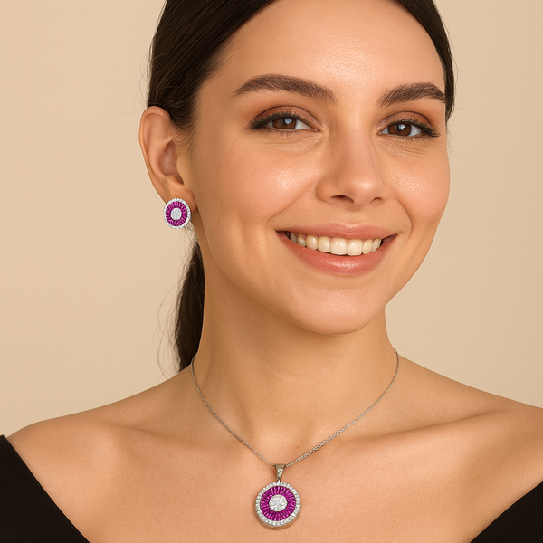 Pink Radiant Circle Silver Pendant Set