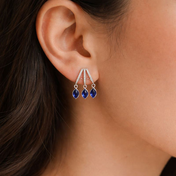 Blue Drop CZ Silver Dangle Stud Earrings
