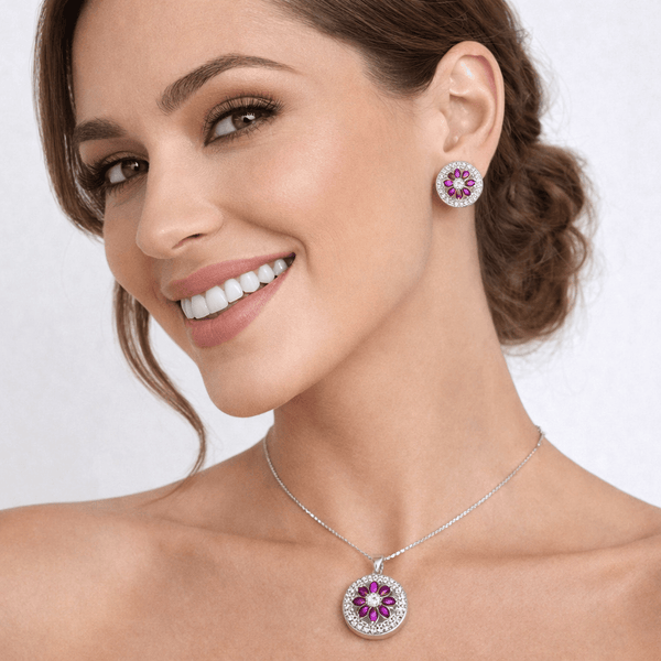 Purple Floral Silver Pendant Set