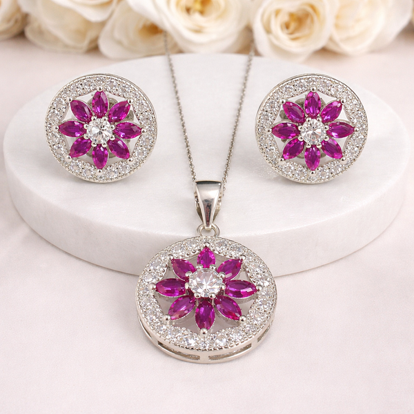 Purple Floral Silver Pendant Set