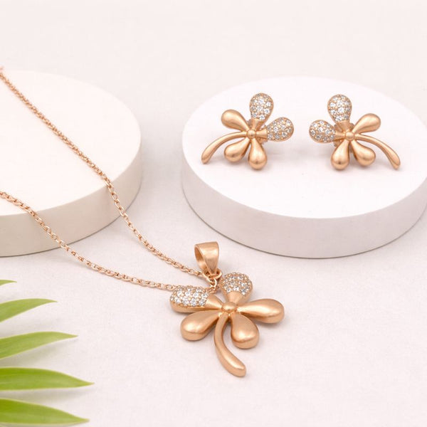 Rose Bloom Sparkle Silver Pendant Set