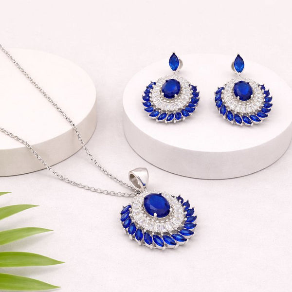Royal Blue Halo Silver Pendant Set