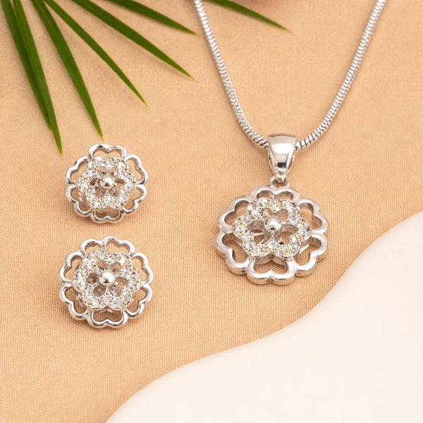 Floral Halo Silver Pendant Set