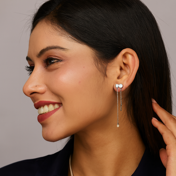 Dual Tone Chain Drop Silver Earrings