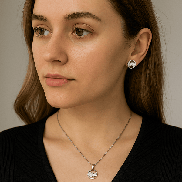 Double Heart Circle Silver Pendant Set