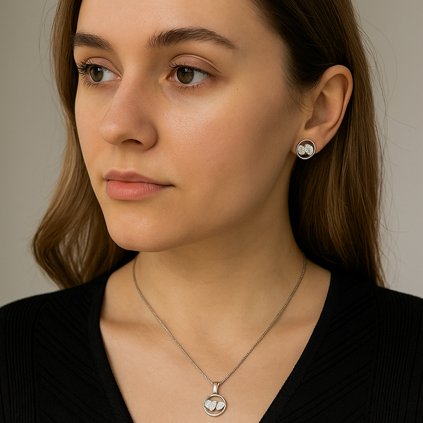 Double Heart Circle Silver Pendant Set