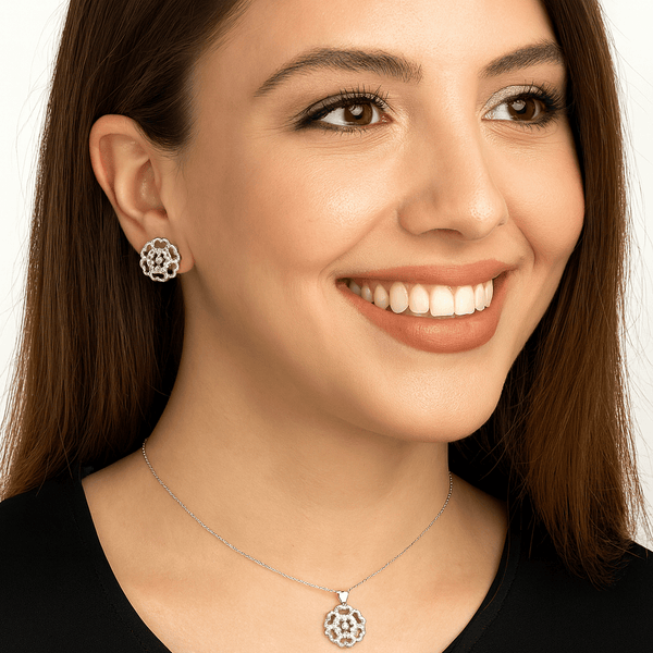 Floral Halo Silver Pendant Set