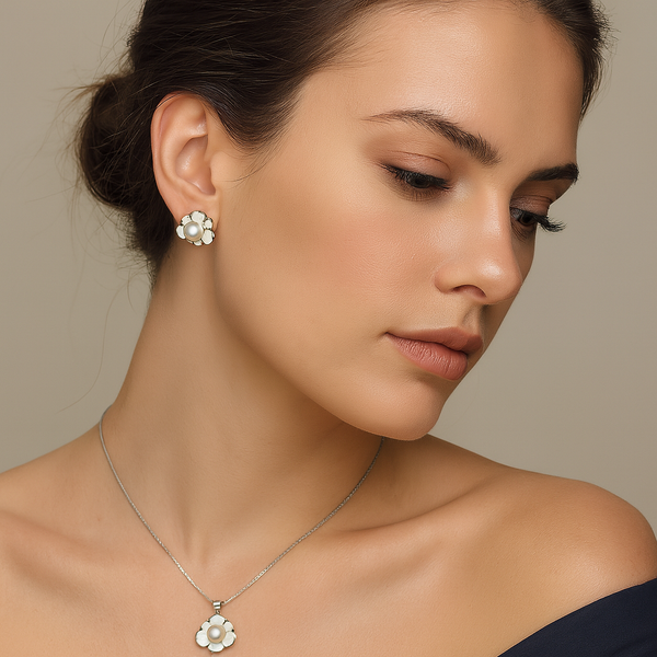 Ivory Pearl Blossom Silver Pendant Set