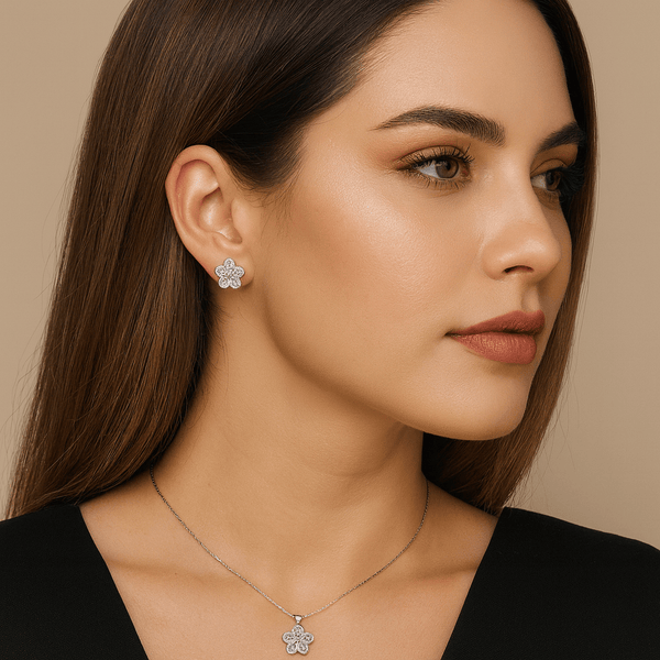 Floral Sparkle Silver Pendant Set