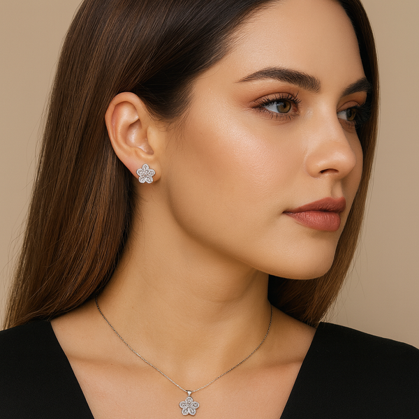 Floral Sparkle Silver Pendant Set