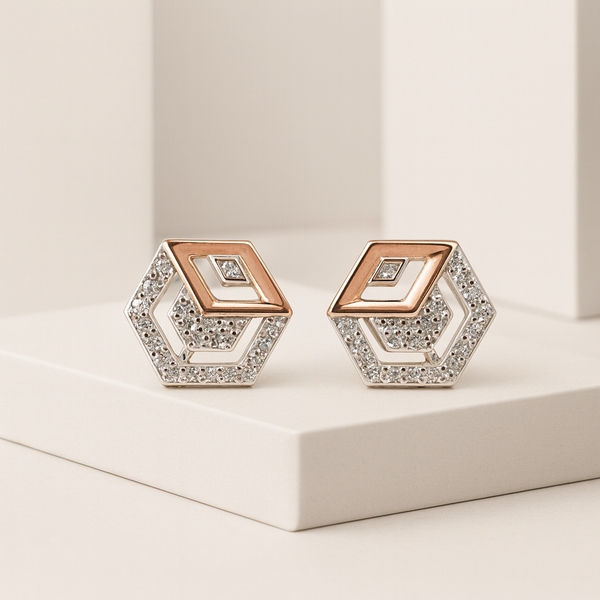 Dual-Tone Hexagon CZ Stud Earrings