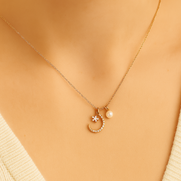 Crystal Moon & Pearl Charm Silver Pendant Necklace