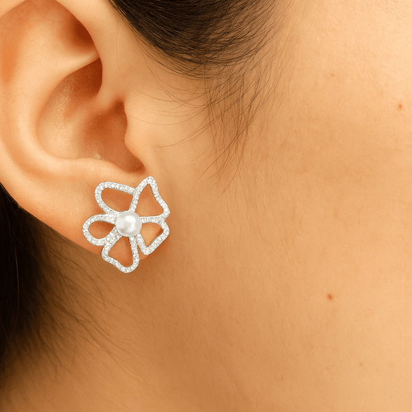 Elegant Pearl Flower Silver Stud Earrings