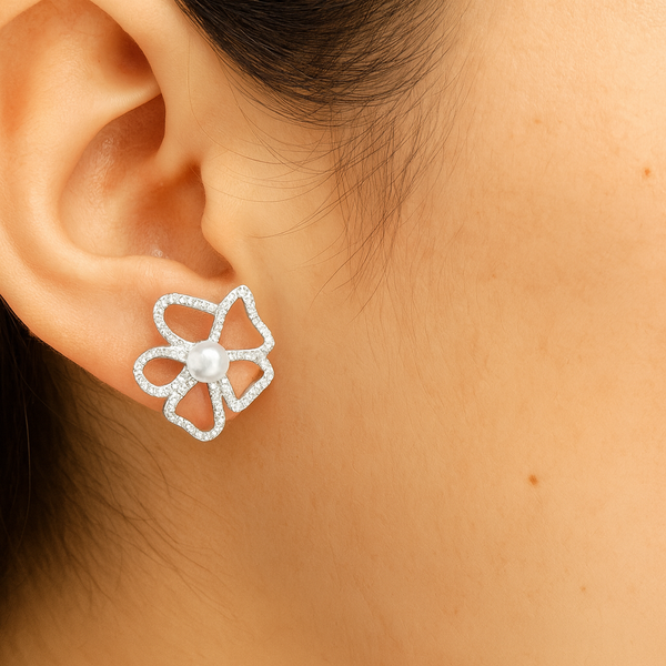 Elegant Pearl Flower Silver Stud Earrings