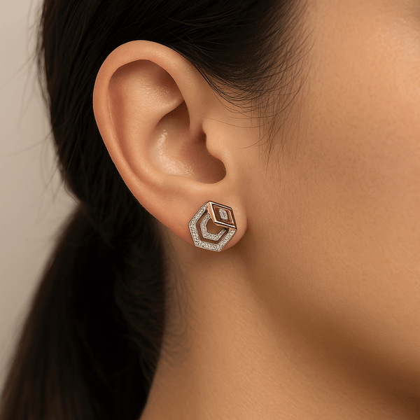 Dual-Tone Hexagon CZ Stud Earrings
