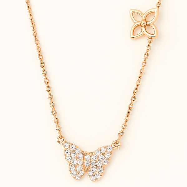 Crystal Butterfly 925 Silver Pendant Necklace in 14K Rose Gold Plating