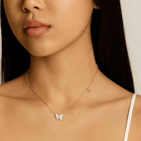 Crystal Butterfly 925 Silver Pendant Necklace in 14K Rose Gold Plating