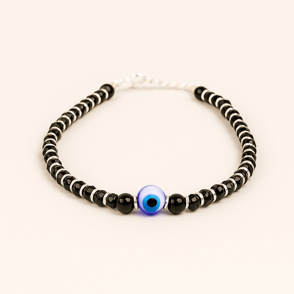 Blue Evil Eye Black Beads 925 Silver Bracelet | Onyx Protection Bracelet