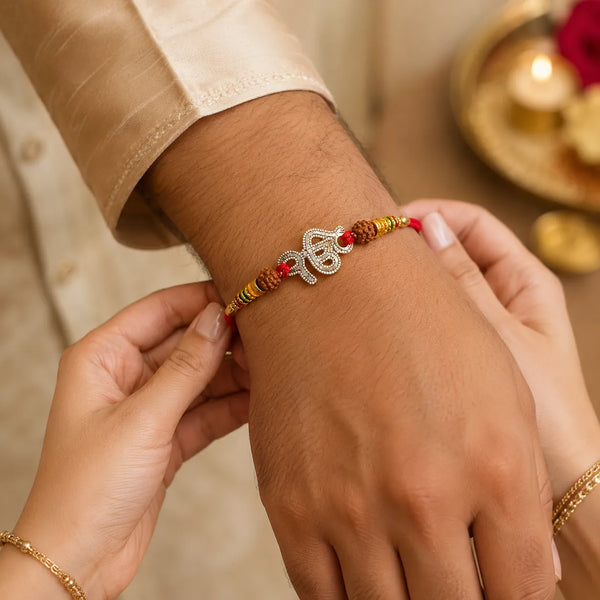 Crystal Ik Onkar Silver Rakhi with Rudraksha Beads