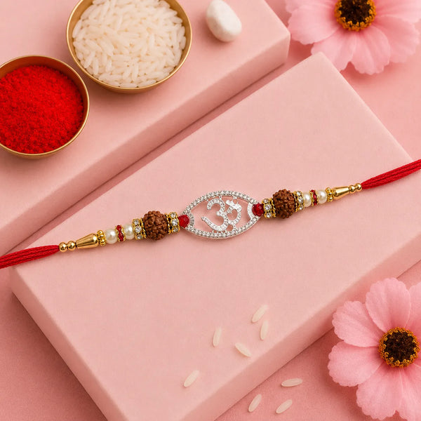 Crystal Om Silver Rakhi with Rudraksha Beads | Frolic Jewels