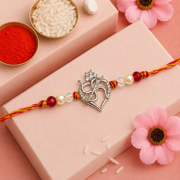 Lord Krishna Flute Heart Silver Rakhi with Crystal Beads