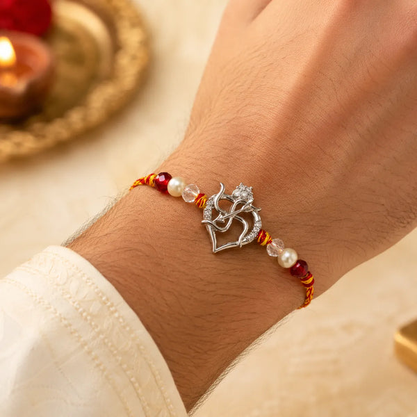 Lord Krishna Flute Heart Silver Rakhi with Crystal Beads