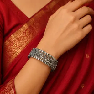 Oxidised Silver Daisy Floral Cutwork Bangles