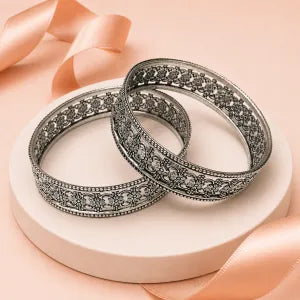 Oxidised Silver Daisy Floral Cutwork Bangles