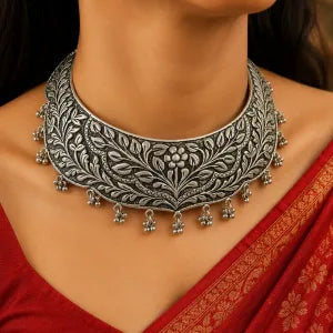 Oxidised Silver Floral Ghunghroo Choker Necklace