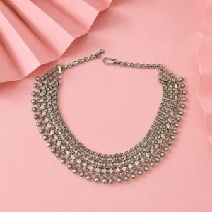Oxidised Silver Floral Mesh Ghunghroo Necklace