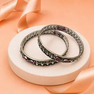 Oxidised Silver Ruby Floral Bangles