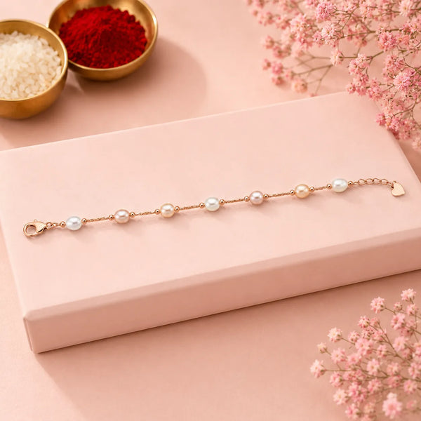 Pearl Chain Silver Rakhi Bracelet with Heart Charm